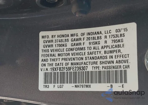 2015 Honda Civic Lx from USA, damaged, VIN 19XFB2F59FE239307